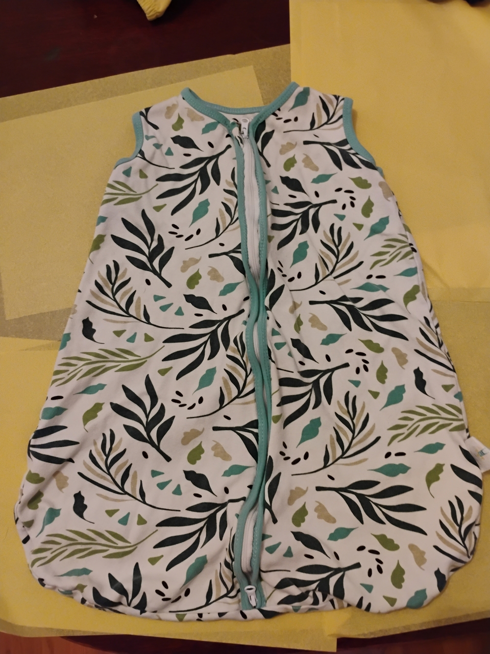 Baby 0-3m Sleeveless Sleep Sack - White with Teal & Olive Leaf Print
